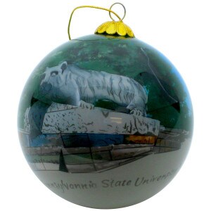 glass ball ornament with hand painted Nittany Lion Shrine inside